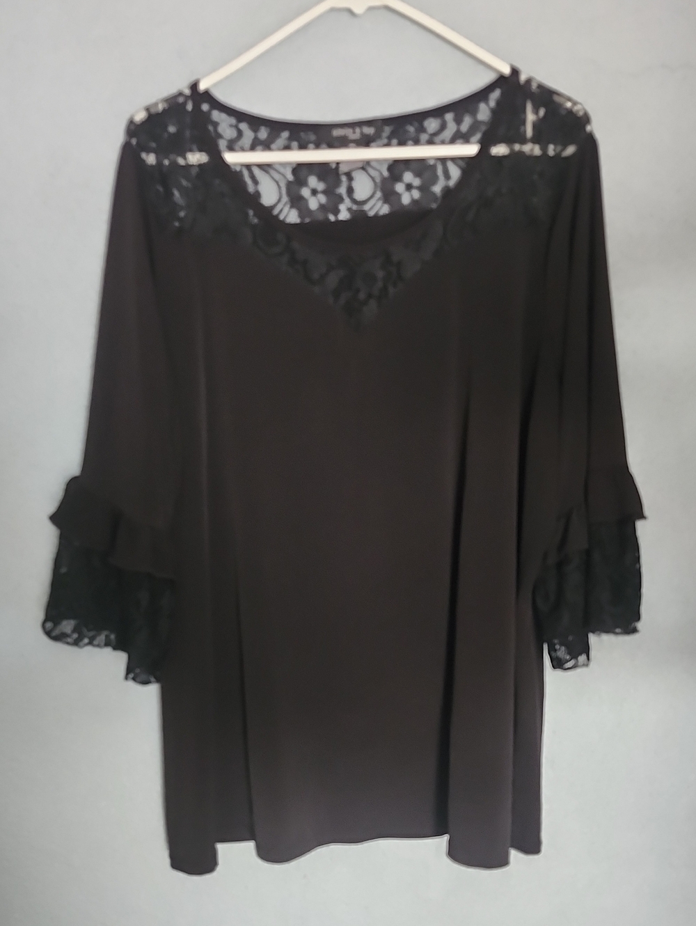 Women's Black Lace Yoke Blouse with Ruffle Sleeves